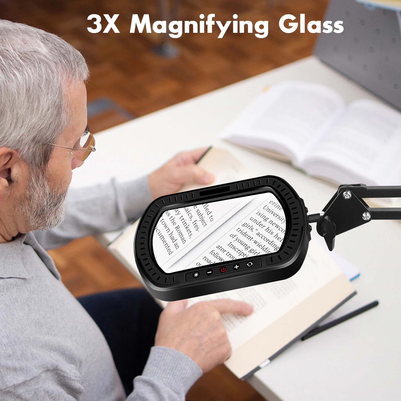 NEWACALOX 3X Rectangle Magnifying Glass with Light/Real Glass/5 Color Modes Stepless Dimmable Desk Lamp with Swing Arm for Readi