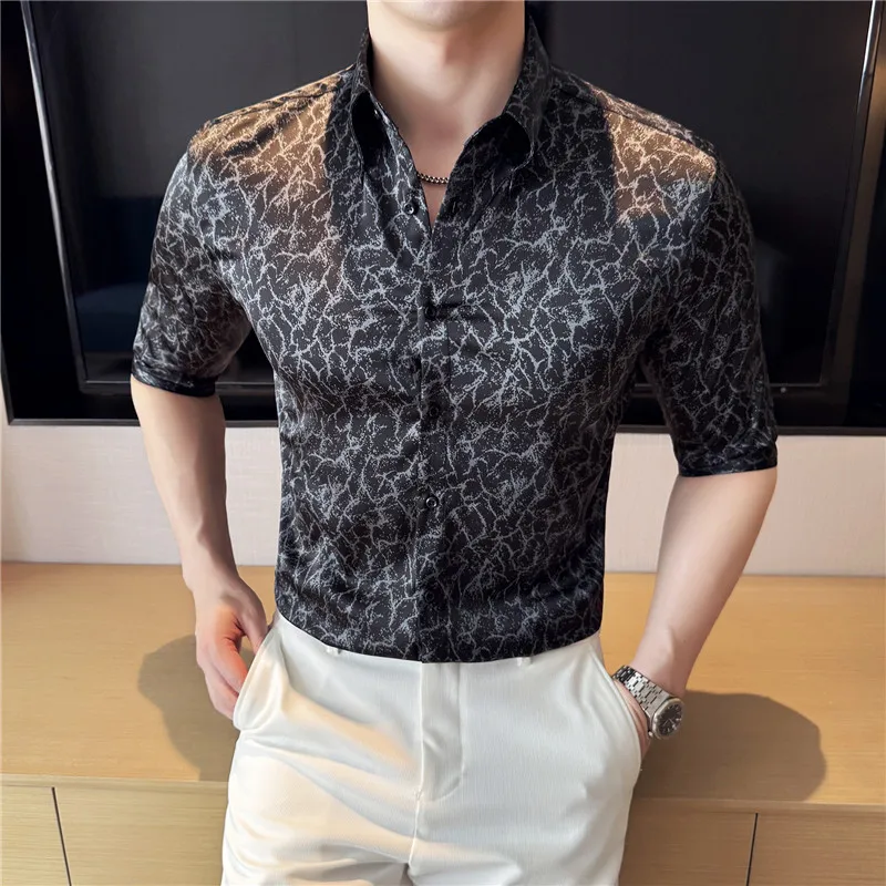 

Мужская летняя рубашка со стразами и цветочным принтом, блузка премиум-класса с половиной рукавом, модная рубашка с вышивкой, черный/белый (M-4XL), дышащая повседневная одежда