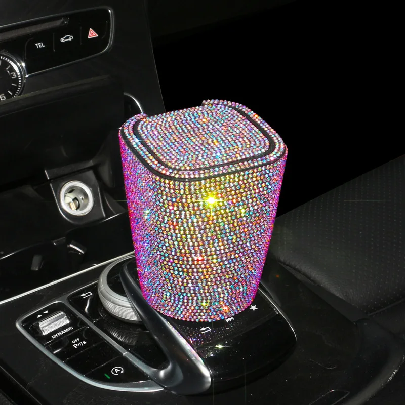 Car Diamond Ashtray LED Lights with Cover Windproof and Odor-Proof Bling Bling Mini Auto Trash Can Car Accessories for Women