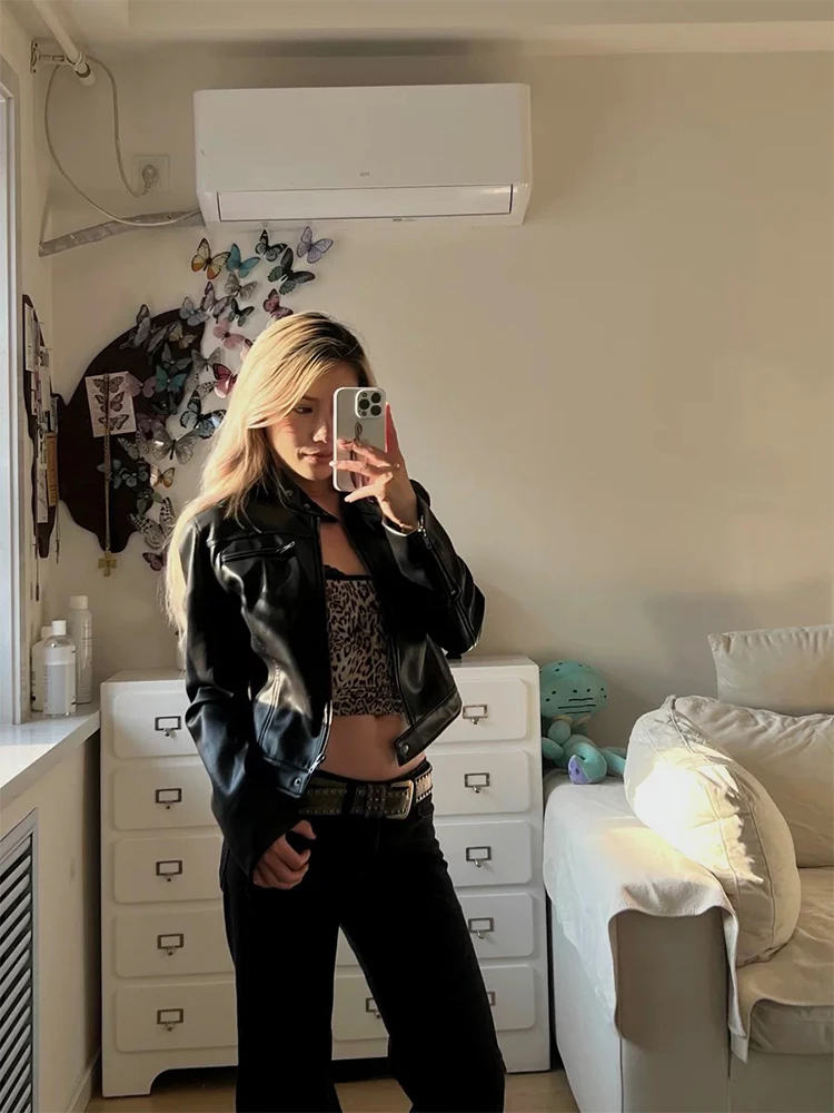 2025 Autunno Inverno Donna Punk 2000s Pu Ecopelle Giacca da corsa Manica lunga Crop Coat Harajuku Outwear Grunge Dark Academia