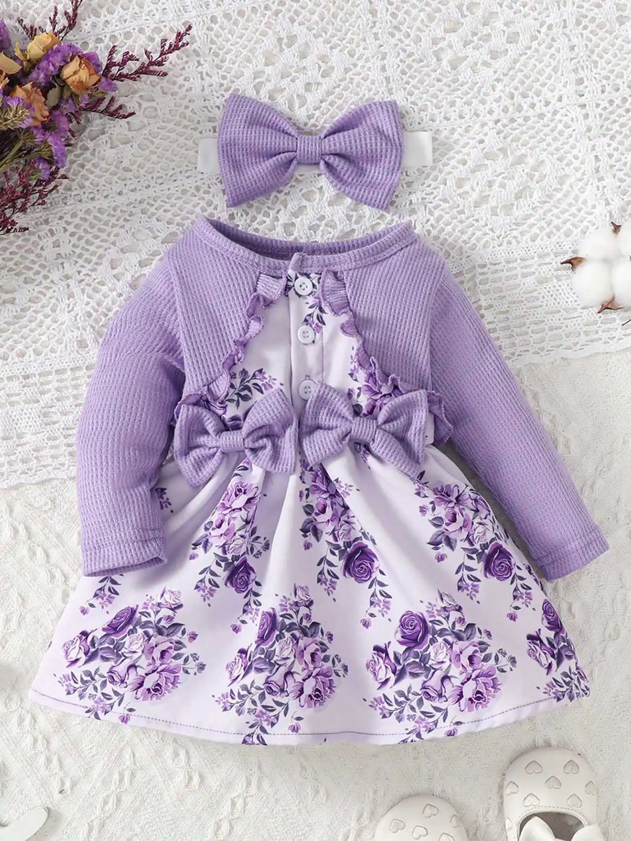 Baby printed dress with three-dimensional butterfly bow, stylish and suitable for spring and autumn wear