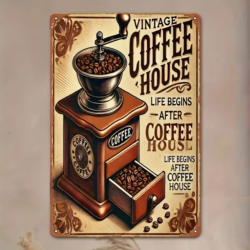 2D Flat - 2D Plane - Vintage Metal Wall Art Sign for Cafe - Rustic Iron Decoration with Classic Coffee Grinder Design And Motto