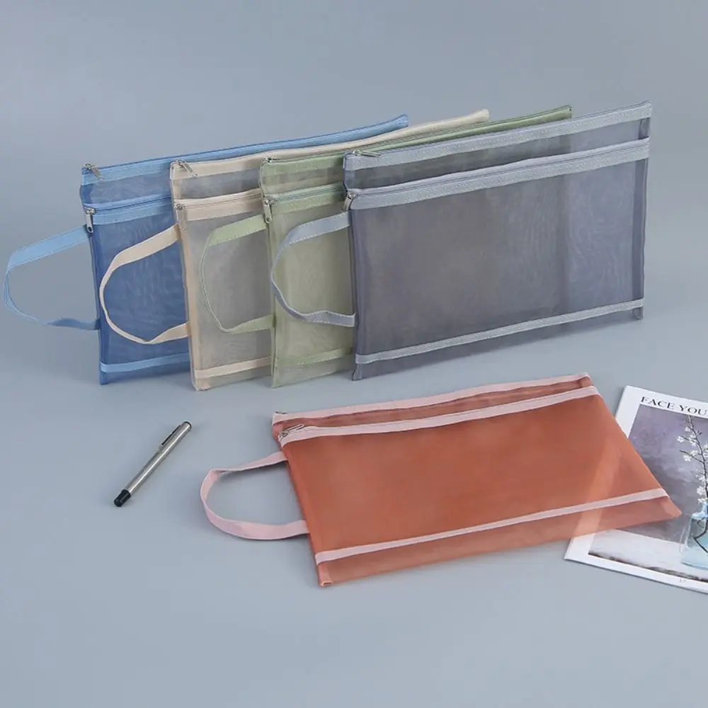 

A4 Mesh Zipper Pouch Simple Transparent ID Card Storage Handbag Double-Layers Large Capacity Document Bag Stationery