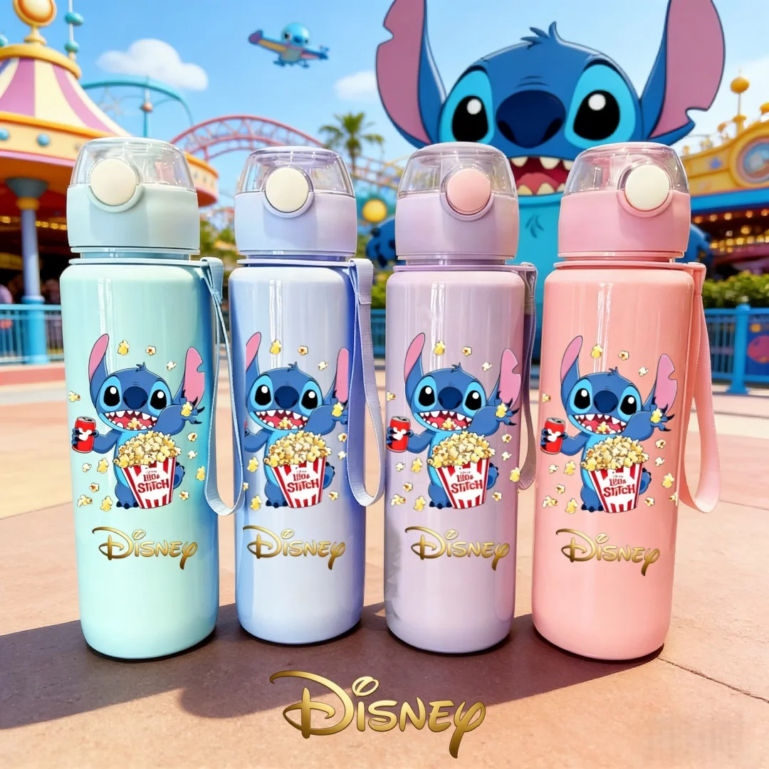 

Disney Officially Licensed 3D Printed Stitch Eating Popcorn Water Bottle, New Push-Button Lid, Popular Cartoon Design,Travel