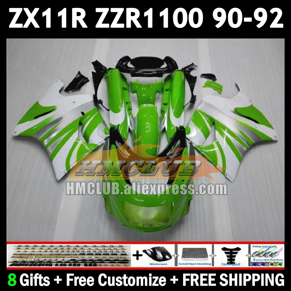 Body For KAWASAKI NINJA ZX-11R ZZR 1100 green white CC 1990 1991 1992 173No.7 ZX-11 ZZR1100 ZX 11R 11 R ZX11R 90 91 92 Fairing