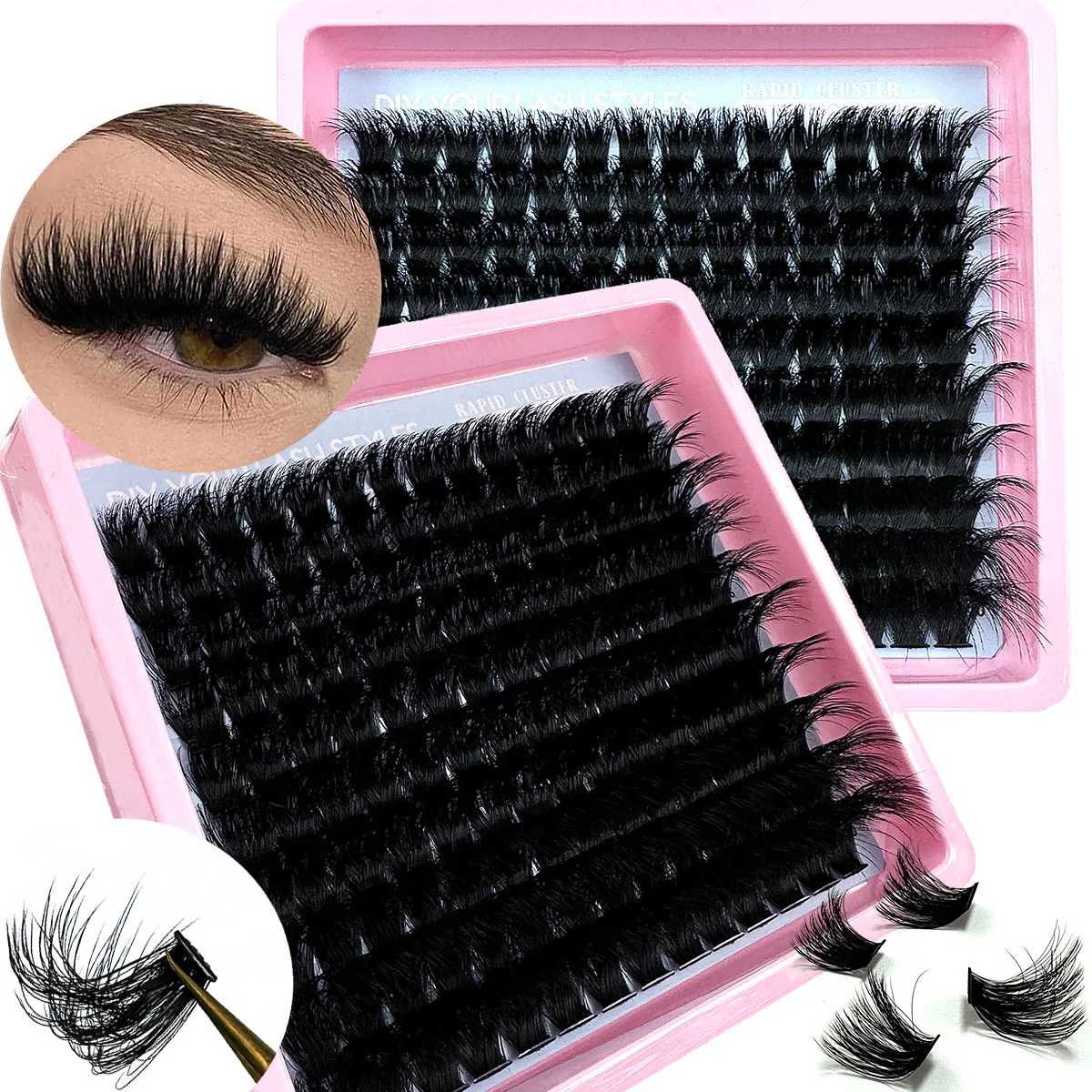 60D-200D Fluffy DIY Cluster Eyelashes - 14-20mm Mixed Length Eyelash Extension 0.07mm Russian D Curl Reusable Dramatic Eyelashes