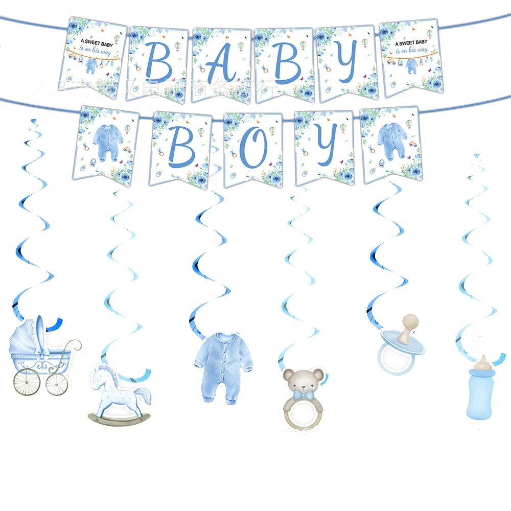 Blaue Babyparty-Luftschlangen zum Aufhängen, Wirbel, Girlanden, Dekorationen, Baby-Jungen-Banner, Baby-Gender-Reveal, Party-Dekorationszubehör