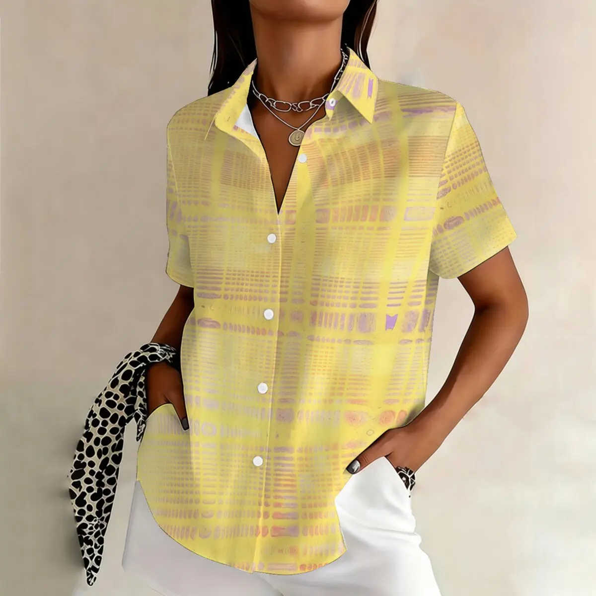 

Simple and personalized checkered print summer women's plus size lapel short sleeved shirt fashionable daily versatile top