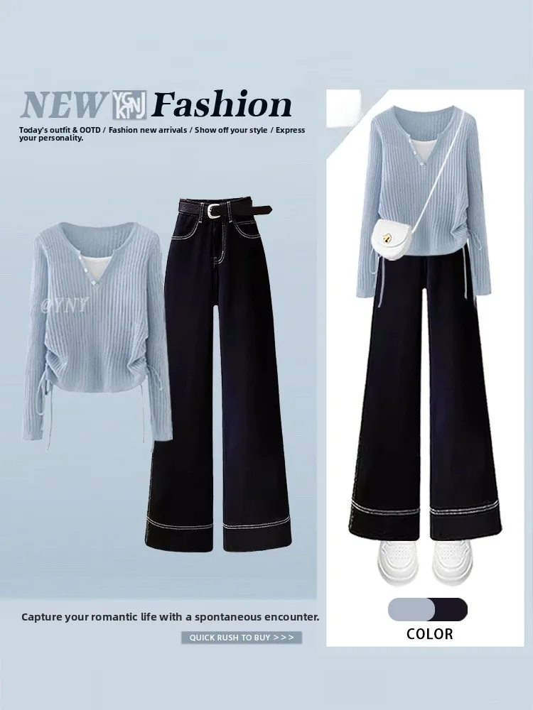 Korean Sle Women's Faion Set Autumn Edition Fake Two-Piece Knitted Top with Jeans Casual Straight Leg Fit Ensemble
