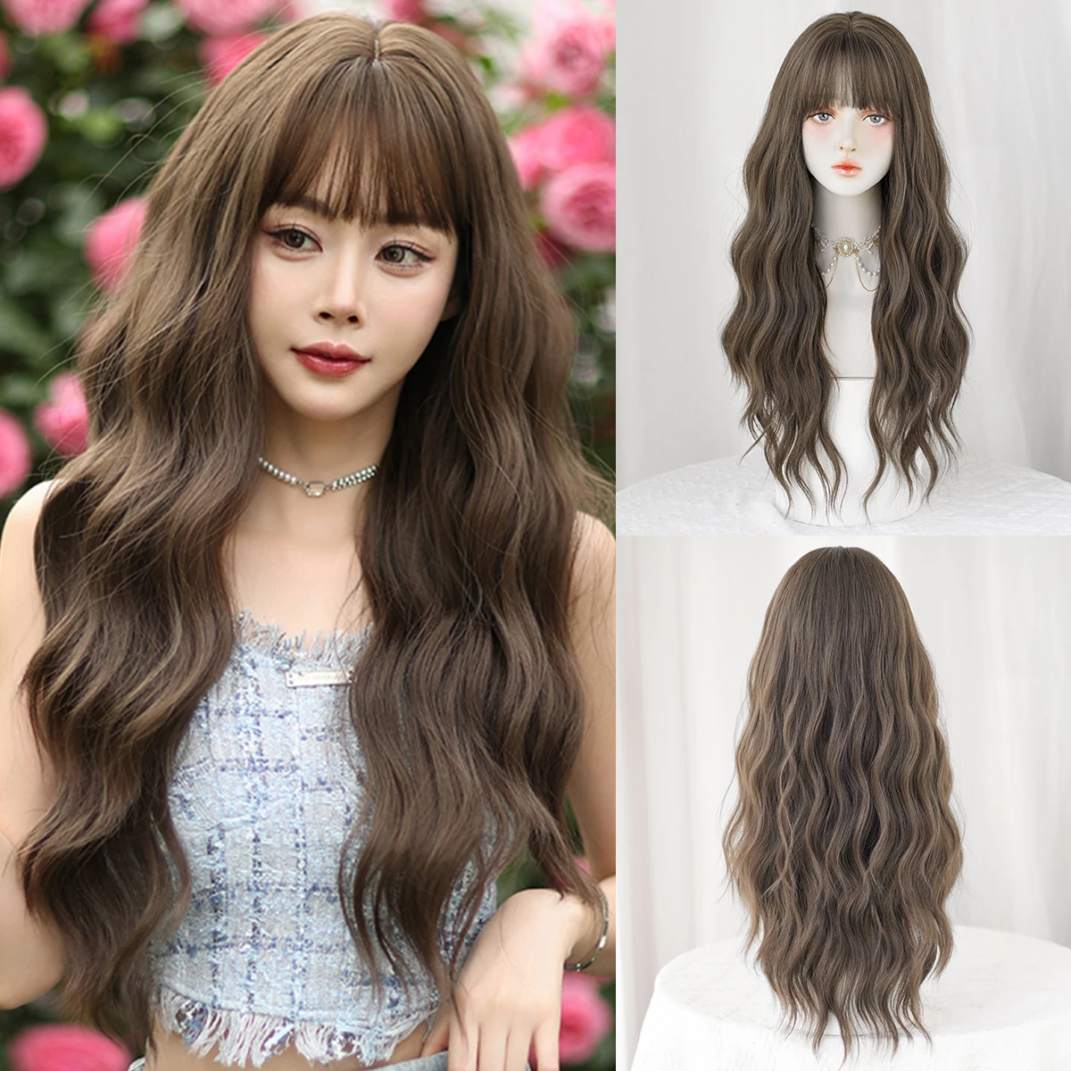 7JHH WIGS Lange Wasserwellen-Braunperücke für Frauen Synthetische Mehrschichtige Hitzebeständige Modische Perücke zum Aufstecken mit Gepflegtem Pony