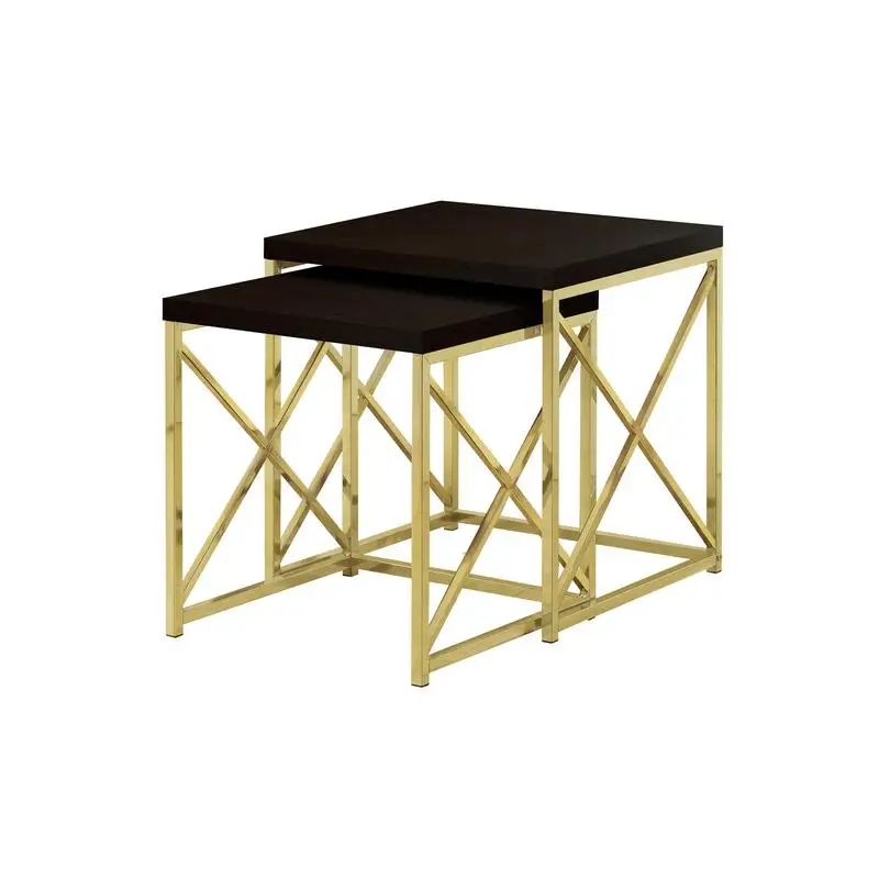 Set of 2 Nesting Tables, Metal Accent, Brown Laminate Finish, Gold Legs, Contemporary Design for Living Room or Bedroom