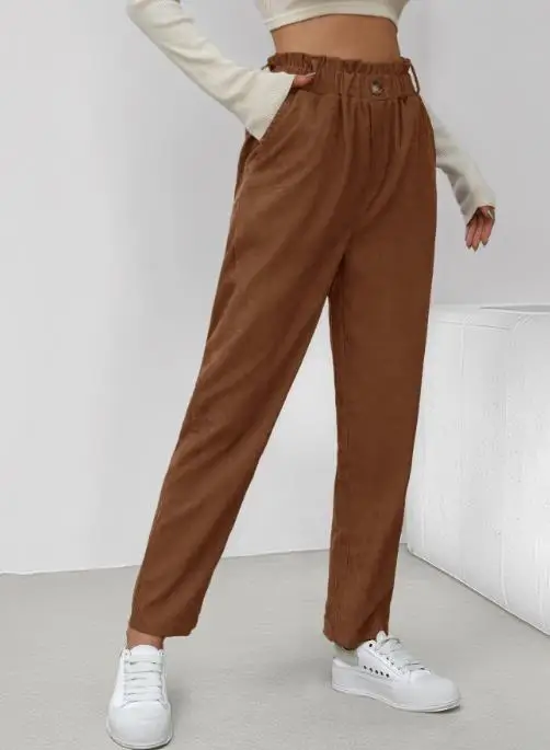 2025 جديد الخريف/الشتاء عادية أنيقة مطاطا تسع نقاط السراويل ركاب سروال قصير مستقيم الساق للنساء بنطلون أسفل