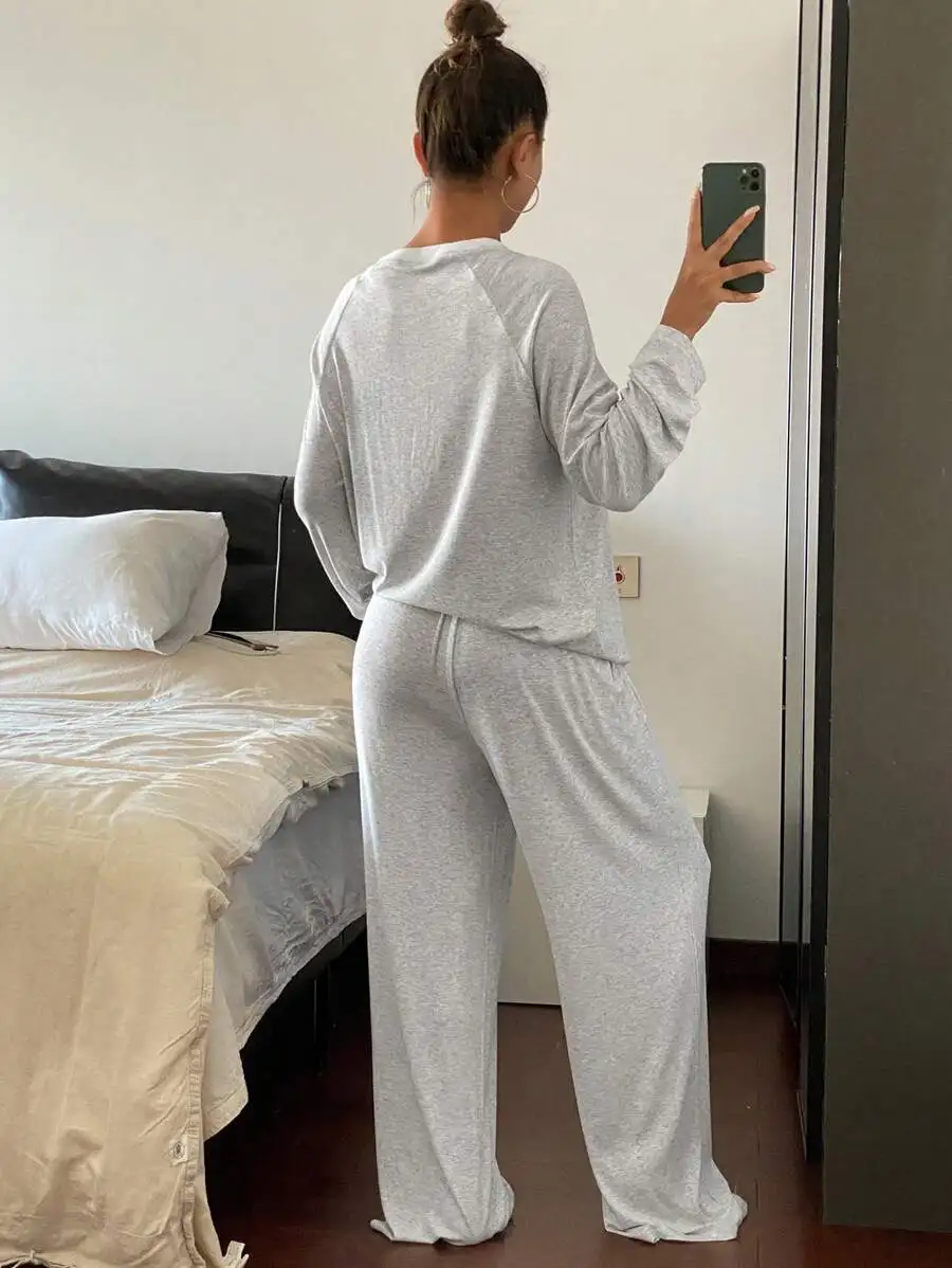 

Women 2pcs Loose Long Sleeve Loungewear Set Solid Color Pajama Pants Top Comfortable Sleepwear