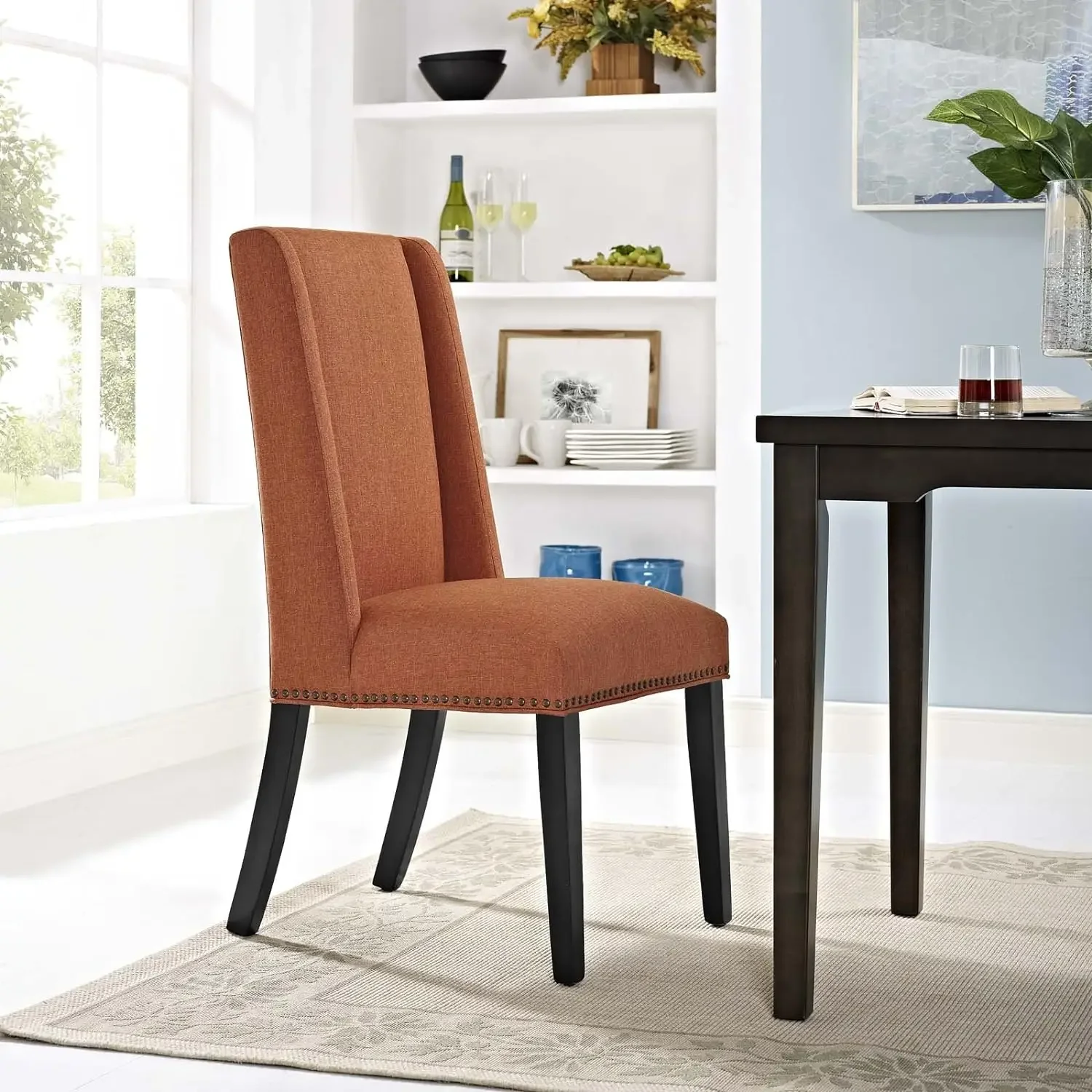 Baron Modern Tall Back Wood Upholstered Fabric, Dining Chair, Orange