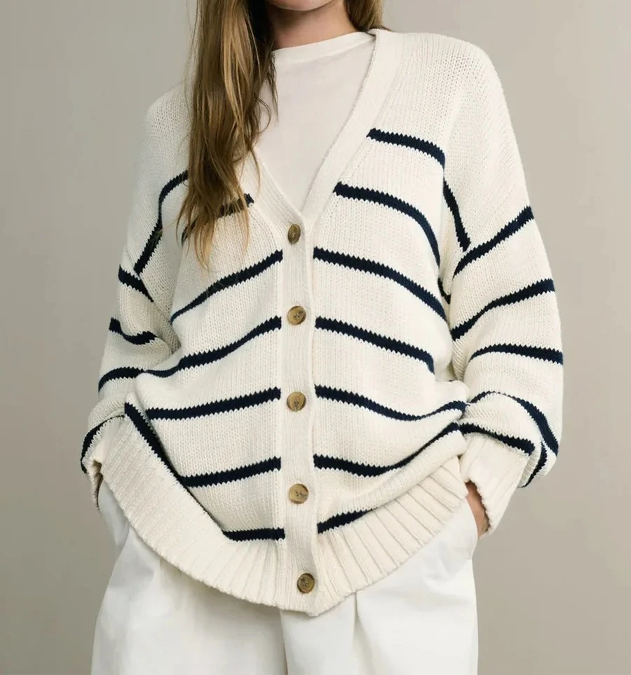 

Autumn Winter New Women's Striped Knit Cardigan V Neck Cotton Thickened Warm Loose Fit Female Sweater Top