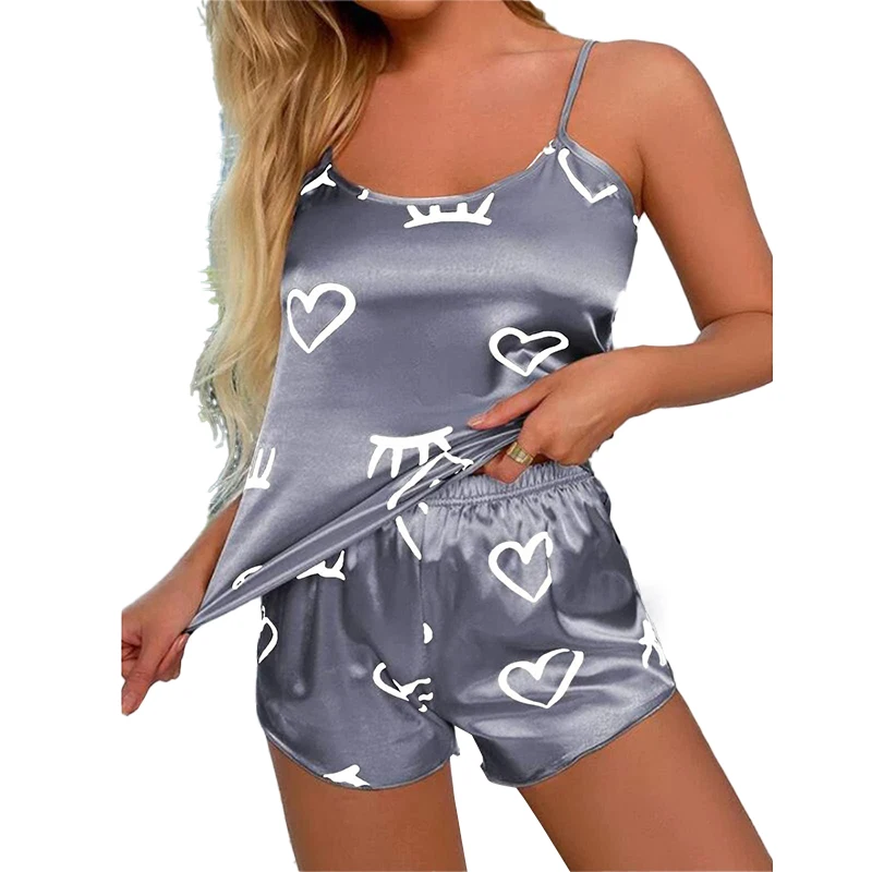 Women's Sexy Printed Camisole Pajamas Set Gray Heart Casual Vest and Shorts Two-Piece Home Comfortable Sleepwear