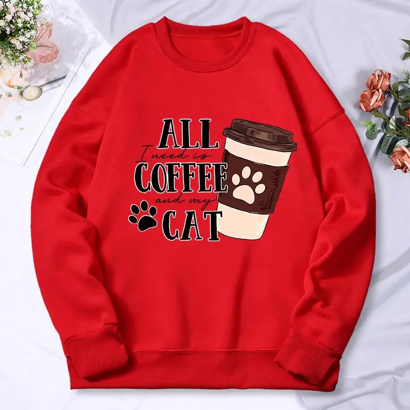 All Coffee Cat Print Hoody Womens Autumn Warm Comfortable Sweatshirt Simple Oversize Hoodie Street Casual Versatile Top Female