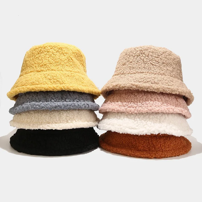 

Fashion Lamb Faux Fur Bucket Hat Winter Warm Teddy Velvet Caps for Women Lady Outdoor Panama Fisherman Hat Skullies & Beanies