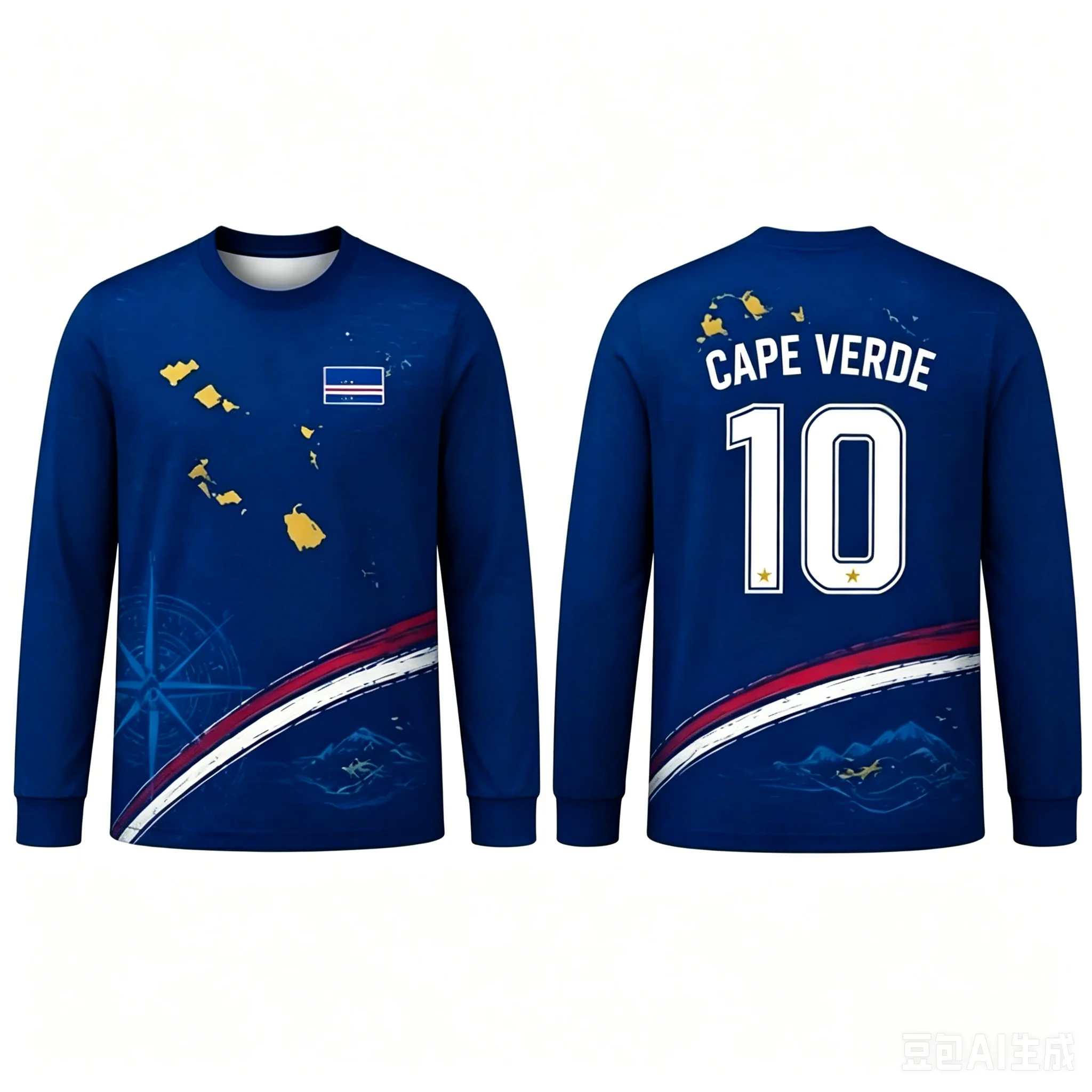 Cape Verde 3D Print Long Sleeve Soccer Jersey, Quick Dry Breathable Sports Tops, Casual Training Fitness Running Tees