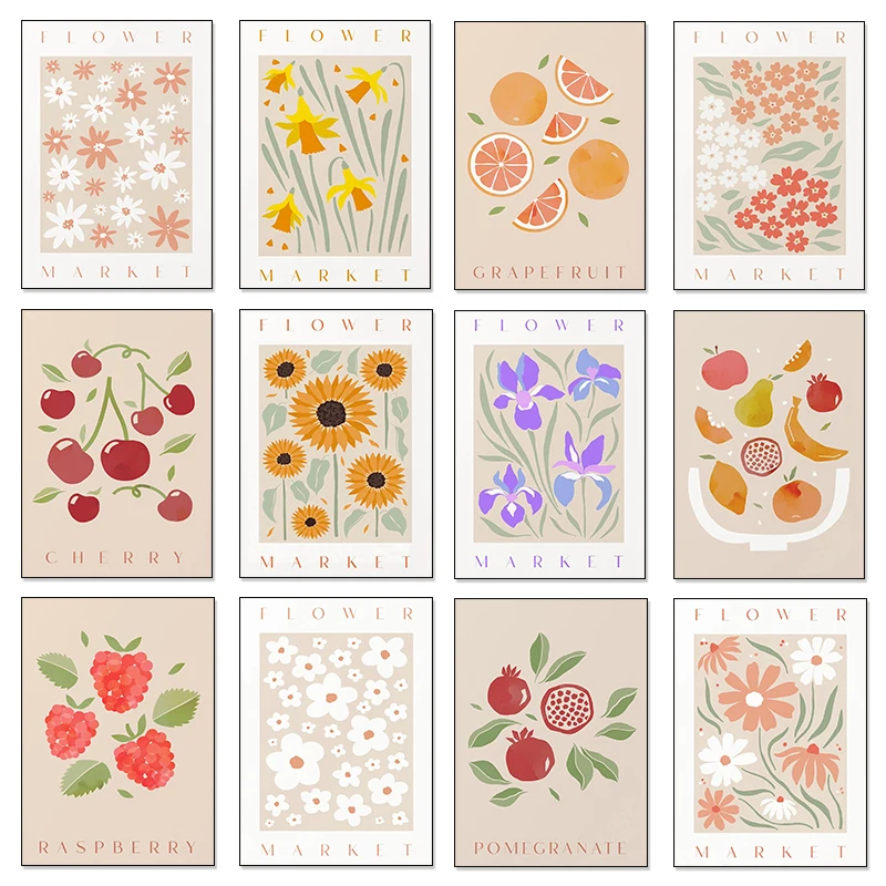 Fruit Flower Market Strawberry Orange Sunflower Daffodil Vintage Decor Poster Canvas Paintings Wall Art Pictures Home Decor