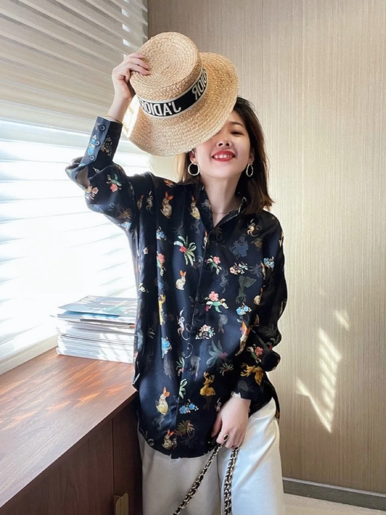 

Осень 2023, новинка, тяжелый вес 26 Momme, шелковый женский свободный топ с цветным крашением, модный топ, удобный крой, длинный све, с цветочным принтом