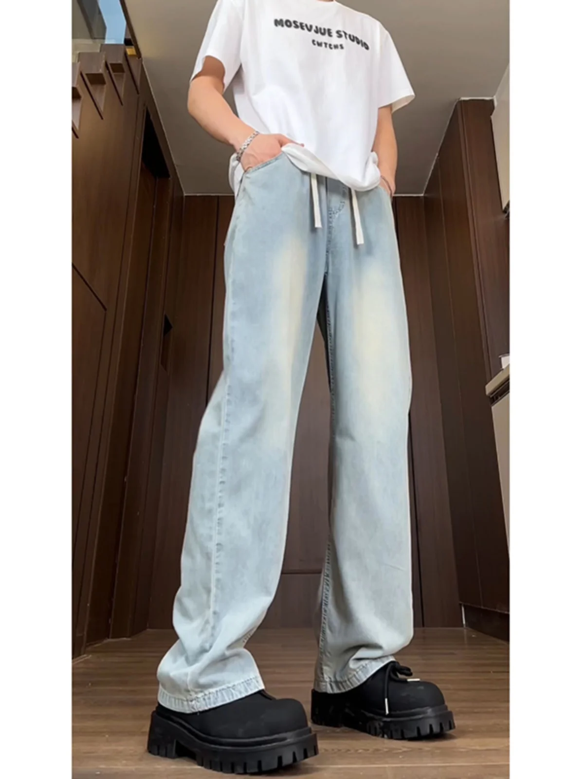 

Светло-голубые мужские джинсы с высокой талией из ледяного шелка, летние тонкие прямые повседневные брюки, удлиненные свободные брюки с широкими штанинами