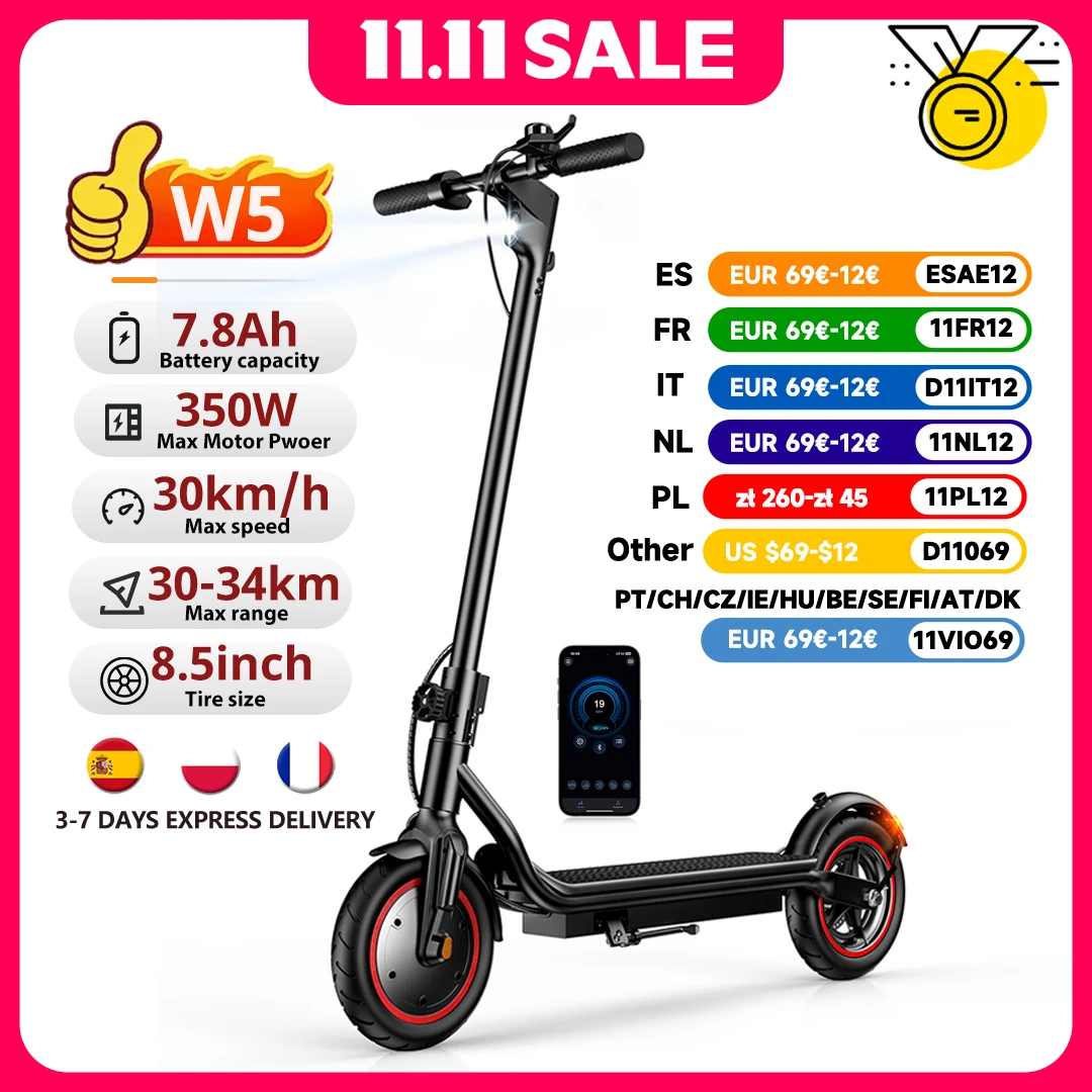 W5 Scooter électrique 8.5 pouces pneu gonflable 350W 36V7.8Ah vitesse maximale 30 km/h portée 24-34km double frein avec APP Scooters électriques
