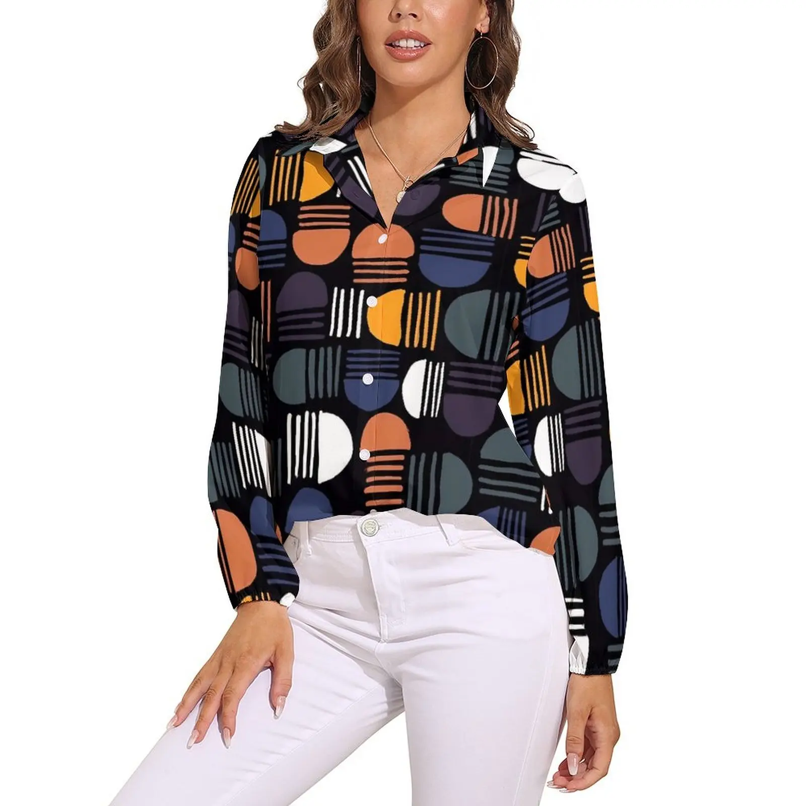 

Color Vintage Geometric Blouse Abstract Art Office Design Blouses Women Fashion Shirt Autumn Long Sleeve Oversized Clothing