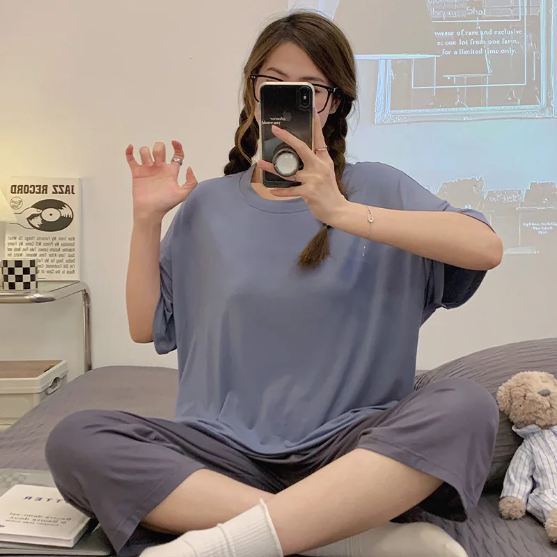 Women's Pajamas Sets Modal Pyjamas with Chest Pad Pijamas Loungewear Short Sleeve and Pants Sleepwear Nightwear Women Homewear