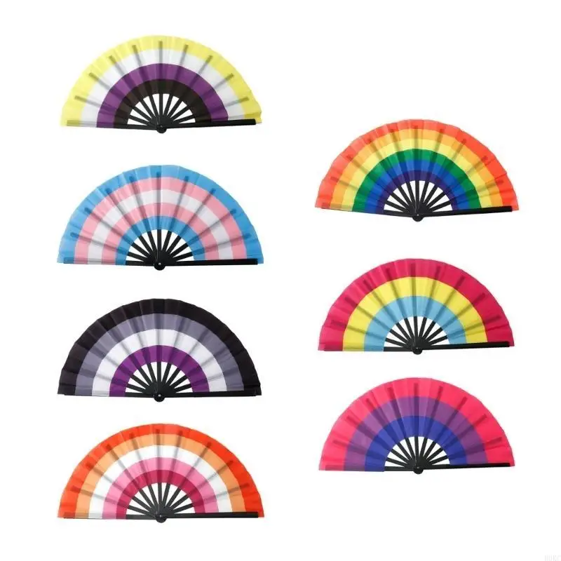 B0KC Rainbows Folding Fan Colourful Fan LGBTs Gay Pride Party Summer Cooling Fan Music Festival Women Men Props Lightweight