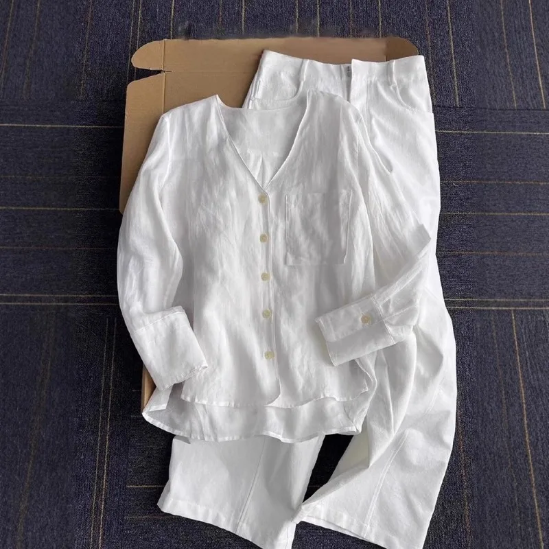 

French high-end delicate white linen shirt top women