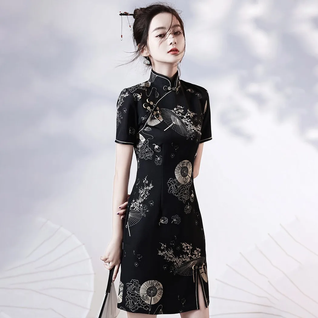 Summer Women Print Flower Cheongsam Sexy Mini Qipao Traditional Chinese Party Dress Oriental Young Girls Daily Qi Pao Vestidos