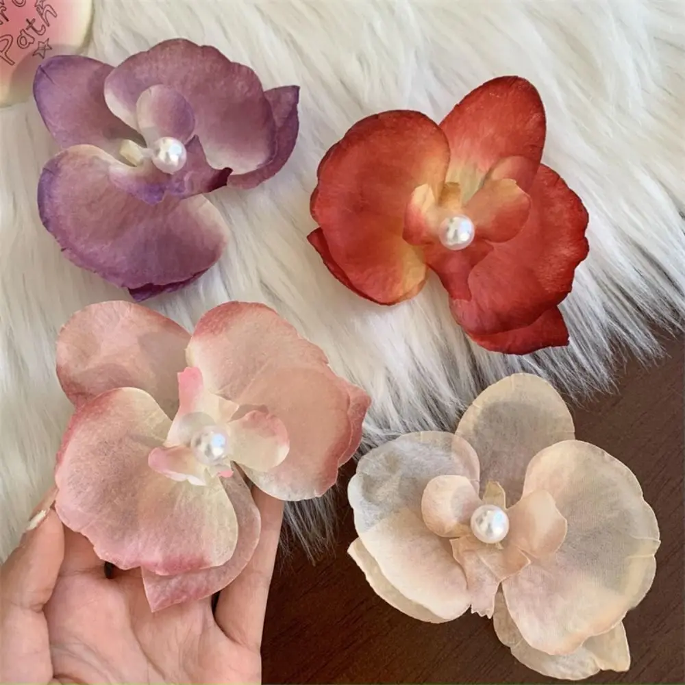 Pearl Butterfly Flower Hair Clip Korean Style Cloth Orchid Flower Hairpin Ponytail Clip Bohemian Style Girl Hair Clip Summer