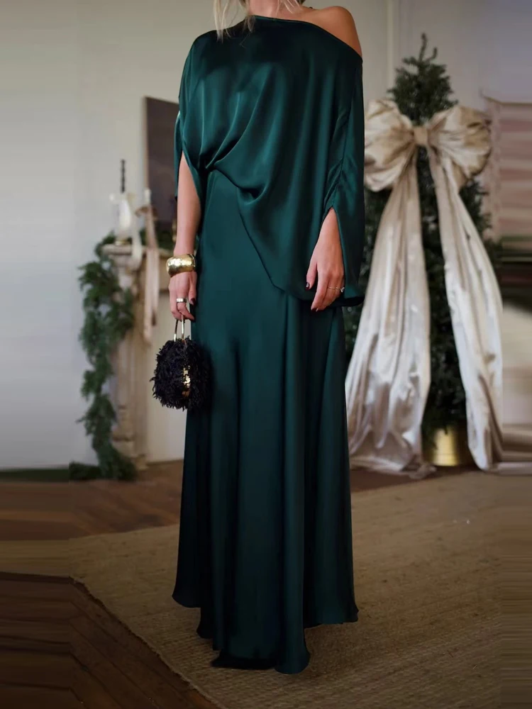 

Стильный комплект из пуловера с асимметричным вырезом и юбки, атласное платье с рукавами-крылышками, однотонный, с завышенной талией, для торжеств, 2 предмета