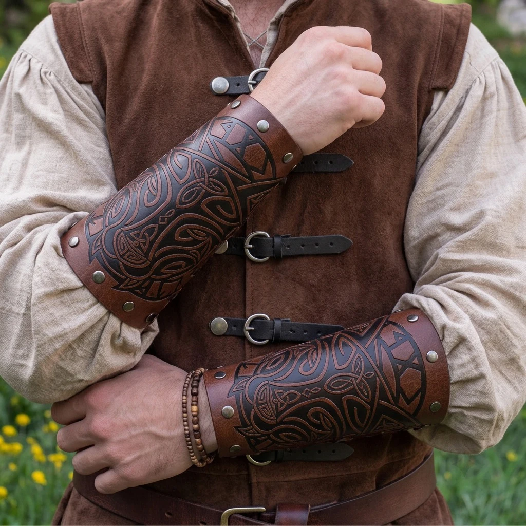 Medieval Gothic Pu Leather Cuffs Bracers Armor Arm Warmers Renaissance Pirate Knights Wolf Totem Wrist Guards Halloween Cosplay Props