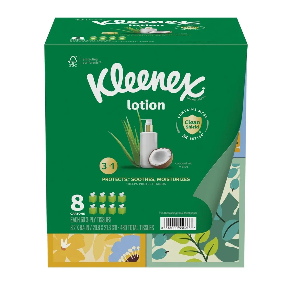 Chusteczki nawilżające do twarzy 3-warstwowe z olejkiem kokosowym i aloesem, 8 kostek po 60 chusteczek, nawilżające, łagodzące skórę, technologia Clean Shield.