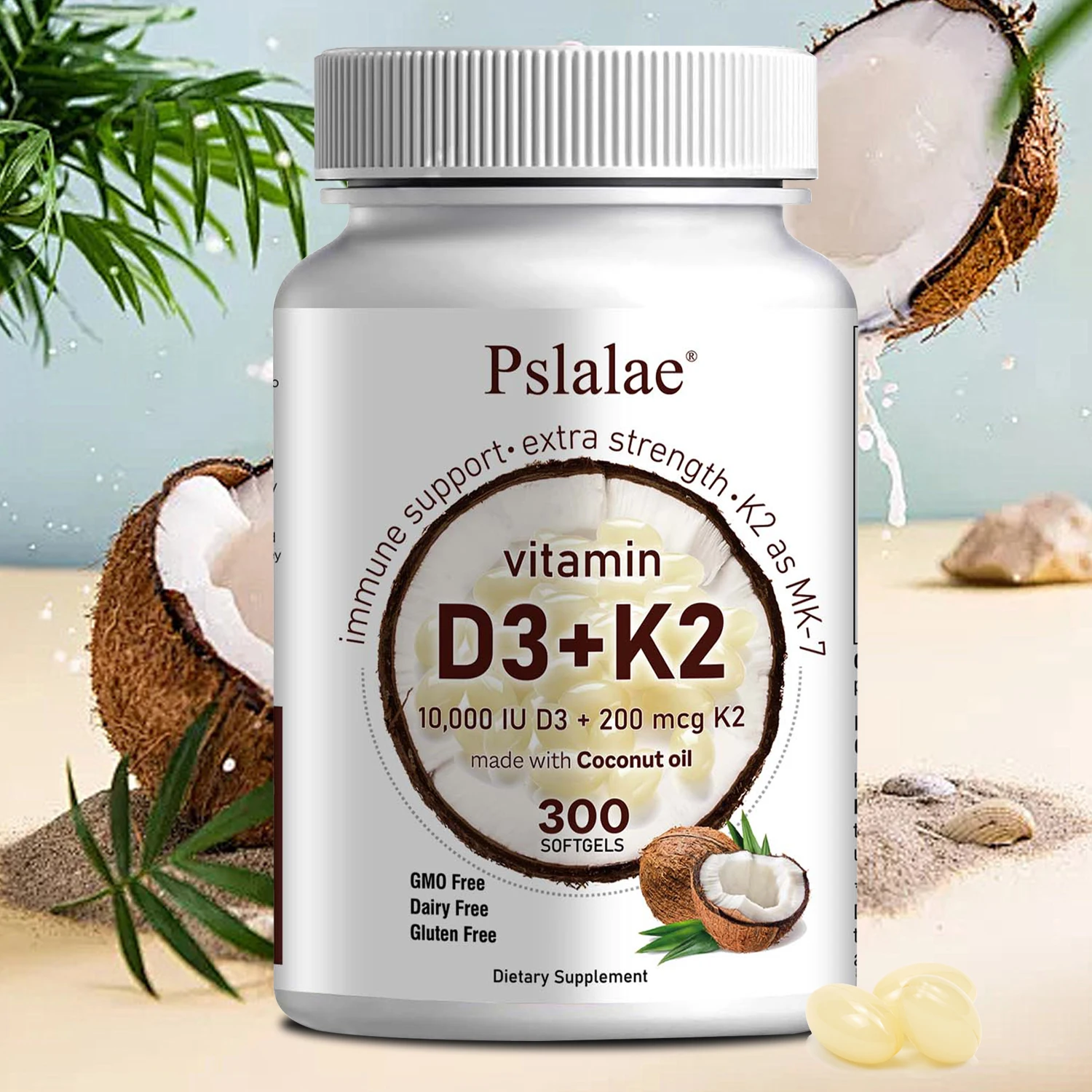 

Vitamin D3 K2 Virgin Coconut Oil 300 Capsules 2-in-1 Vitamin D and K Support Calcium Absorption in Bones