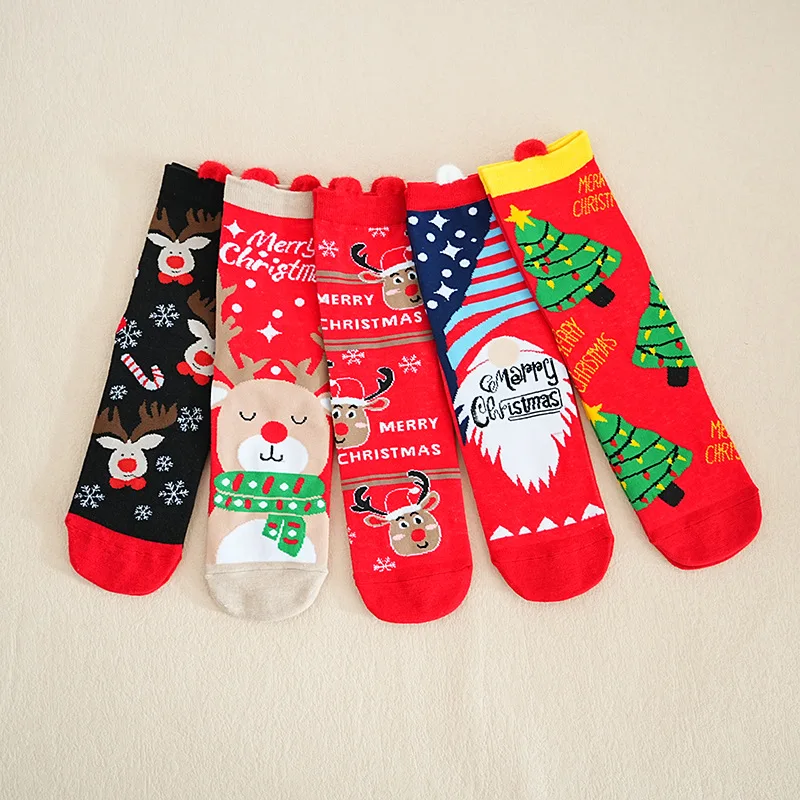 5 Paar rote gestrickte Baumwoll-Weihnachtssocken für Damen, 2025, Winter, niedlicher Cartoon-Schneemann, Elchdruck, Paar-Socken, bequeme warme Strümpfe