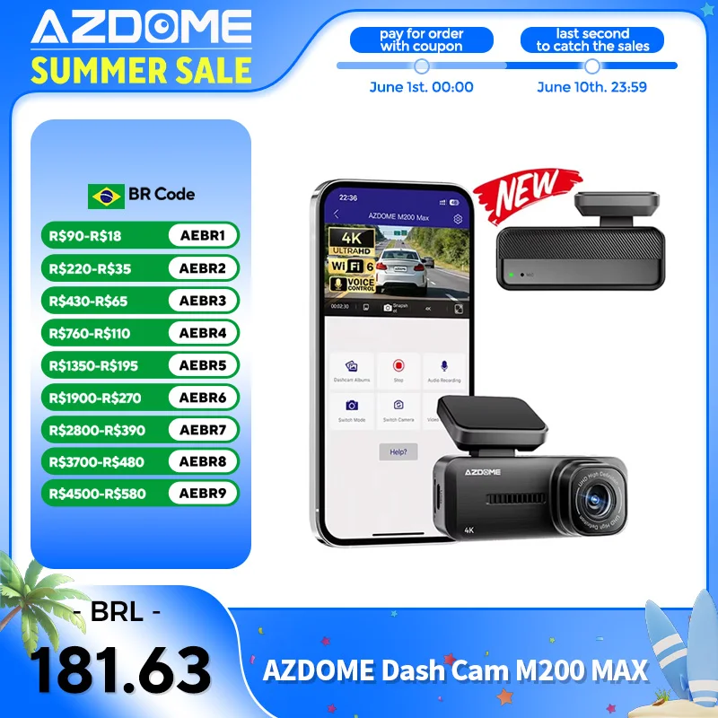 Câmera Veicular AZDOME M200 MAX 4K com WiFi, Gravação em Loop, Sensor G, Modo de Estacionamento, Controle por Voz e Suporte para APP com Chat Ao Vivo