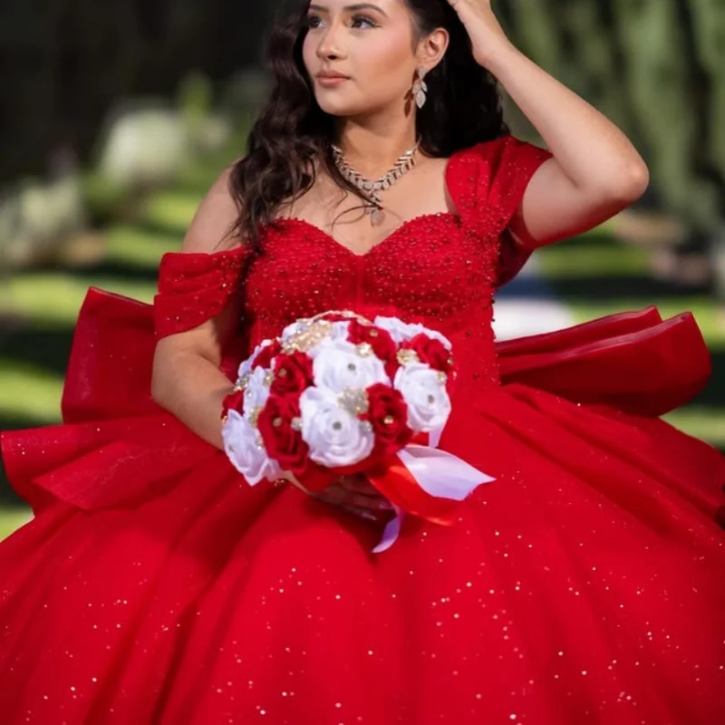 

Shiny Red Quinceanera Dresses Off the Shoulder Glitter Crystal Decal Beadwork Long tail Bow Vestido De 15 Quinceanera Customize