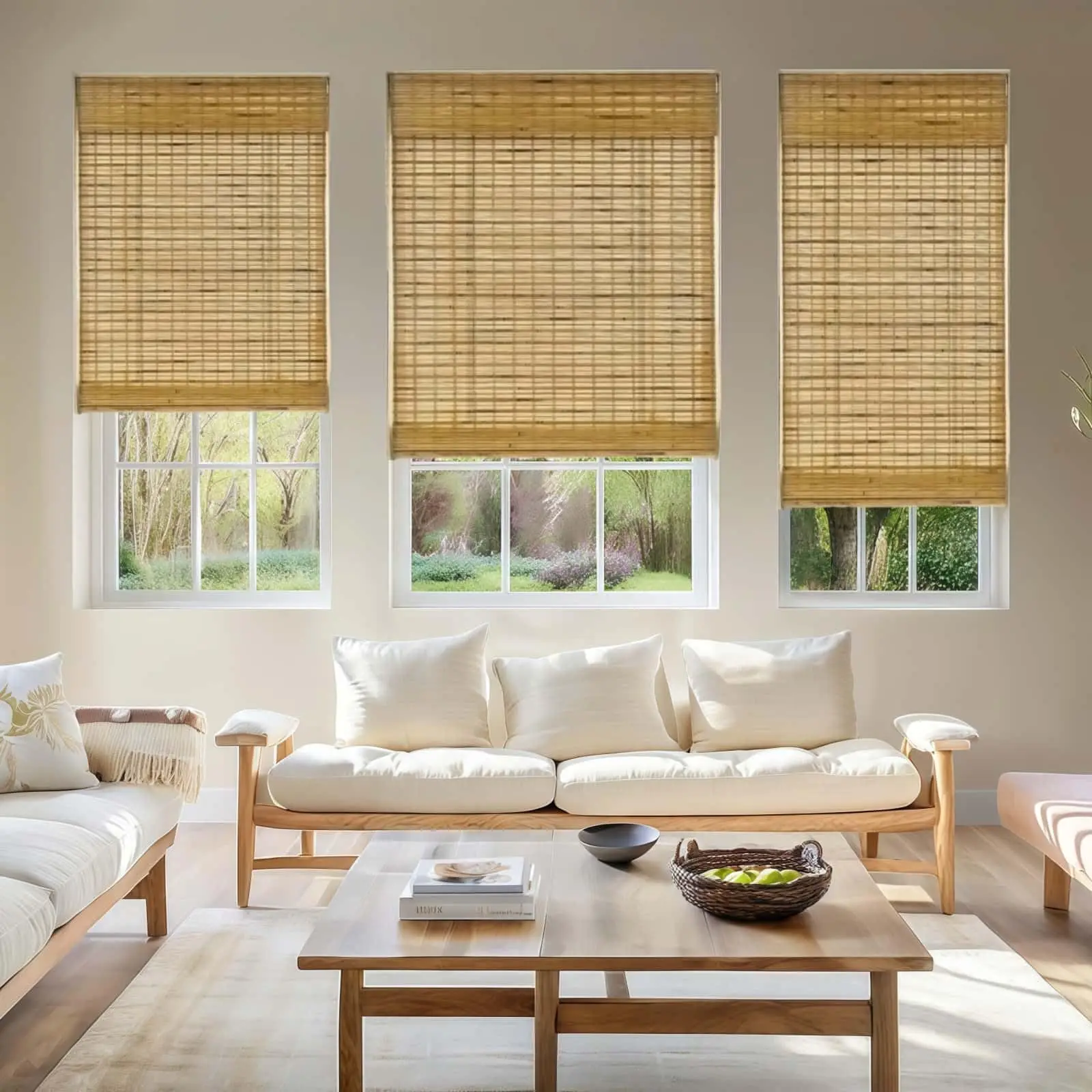 Cordless Bamboo Roman Shades No Tools No Drill Woven Bamboo Blinds with Valance .Light Filtering-dali Native.Wood Roman