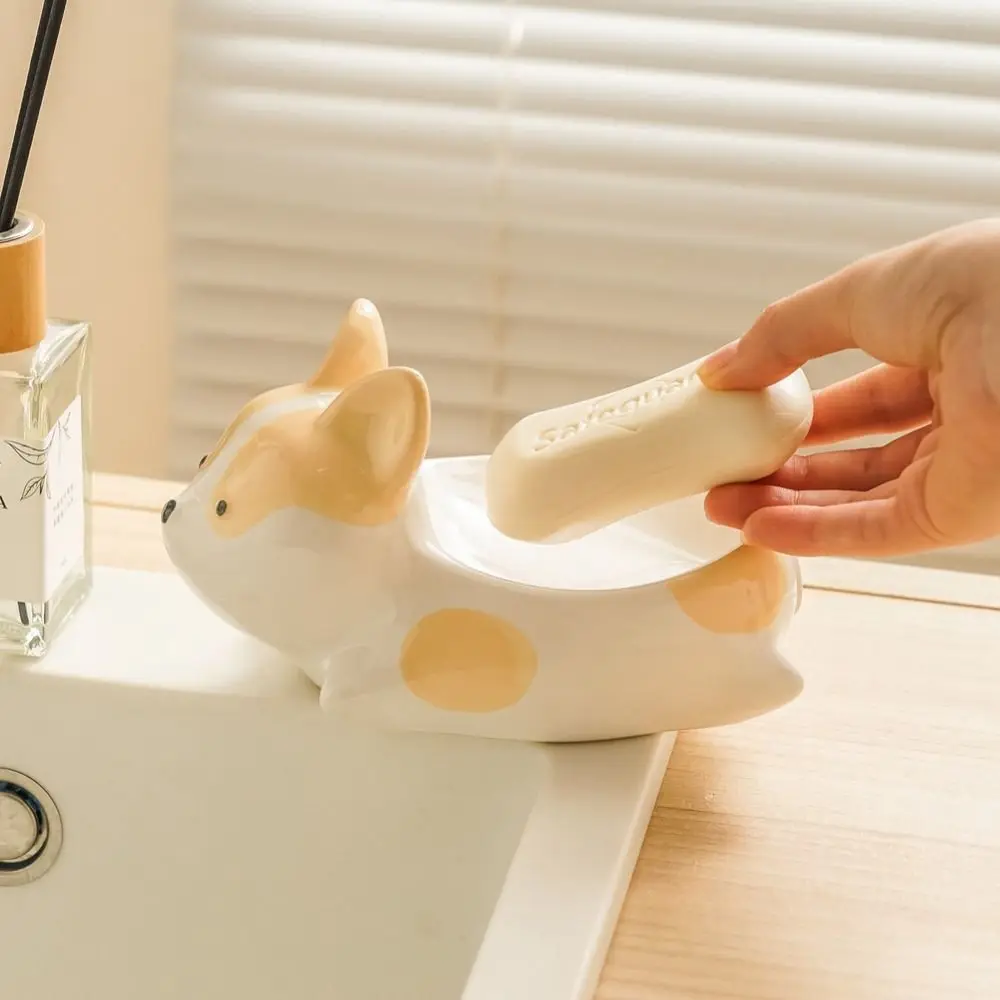 Creative Corgi Shape Ceramic Soap Box Delicate Drainable Cartoon Soap Dish Cute Light Luxury Soap Container Birthday Gifts