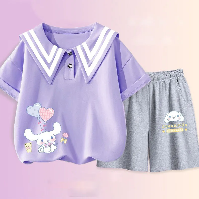 Sanios Hello Kittys Summer Kids Casual Suit Kuromi Cinnamoroll t-shirt in cotone Navy Collar top pantaloncini a maniche corte stile Preppy