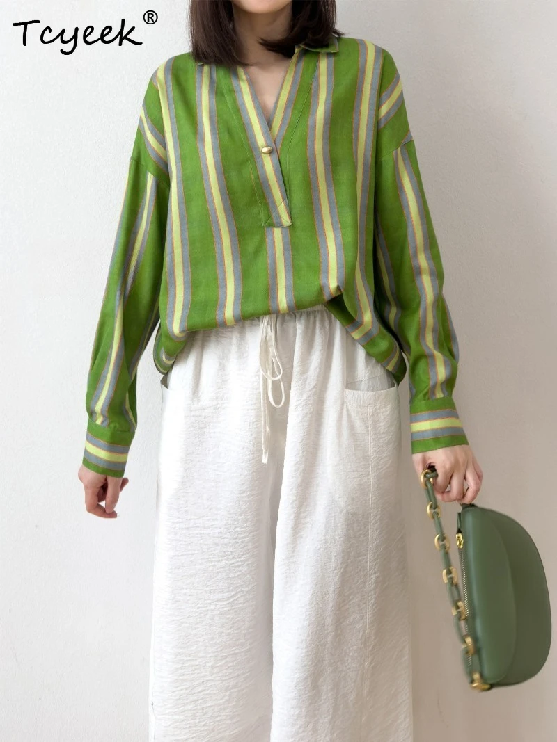 

Tcyeek 100% Real Silk Womens Tops 2026 Spring Comfortable Vertical-striped Long-sleeved Shirts Clothes for Woman Рубашка Женская