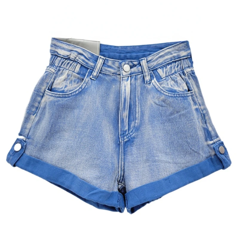 European Style Curling Denim Shorts Women's 2024 Summer Elastic High Waist Bud-Shaped Hot Pants A- Line Wide Leg Purple Shorts
