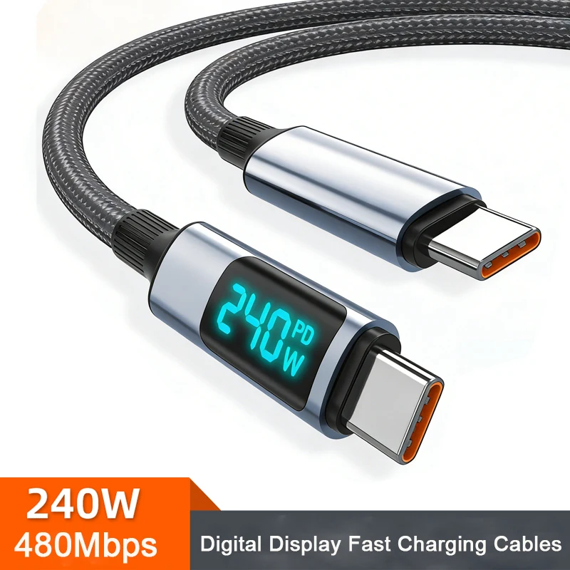 Cabo USB-C para USB-C de 240W com Display Digital, Carregamento Rápido 6A, Trançado em Nylon, para Laptop, MacBook, iPhone 17