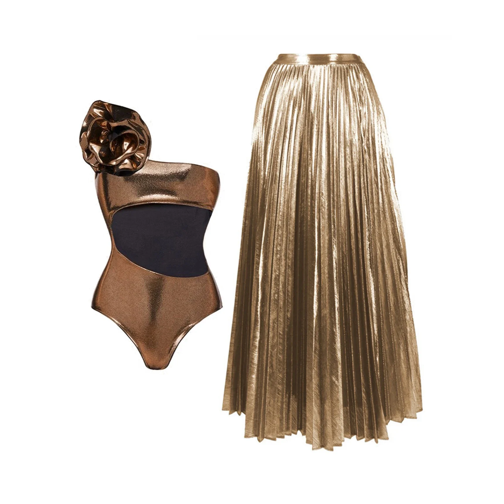 2025 Gold Glossy One Piece Swimsuit and Skirt for Women One Shoulder 3D Flower Swimwear Female Shiny Monokini Beach Bathing Suit