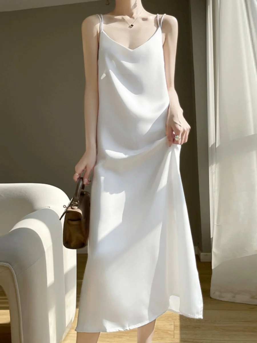 T-shirt en soie et acétate pour femme, robe à bretelles, double sangle, jupe longue en satin qui fuit à la taille, ligne a, silhouette V-ne longue D...