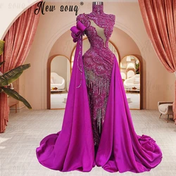 Arabic Fuchsia Long Cape Sleeve Prom Dresses Beaded Lace Appliqued Evening Dresses Women Luxury Vestidos Novias Boda Party Rober