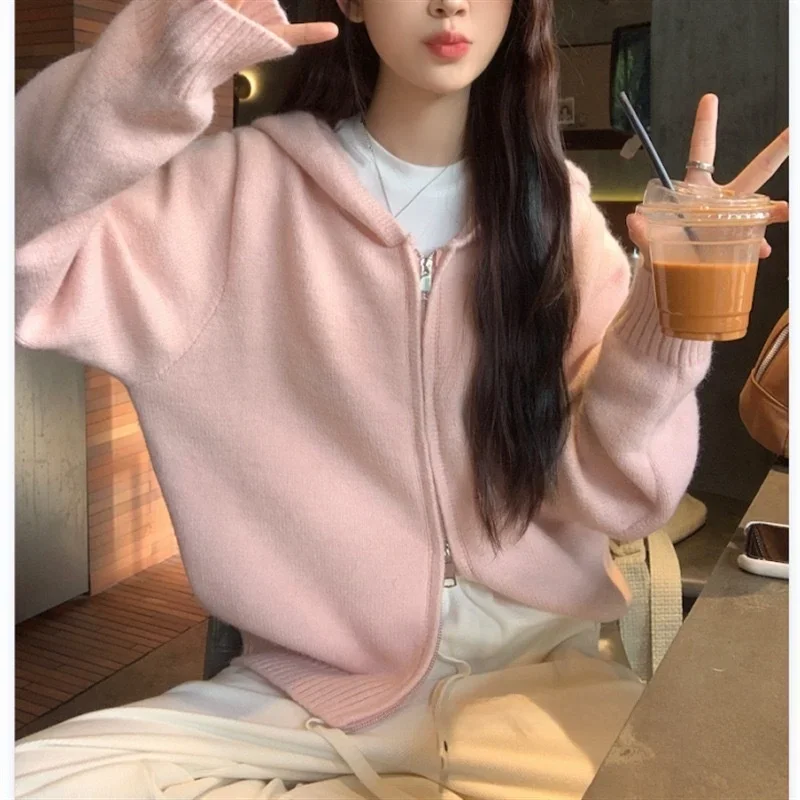 

Outerwear Sweater Cotton Polyester Blend Long Sleeve Pink Hooded Knitted Top Women's Autumn Winter Spring Zipper Lazy Soft